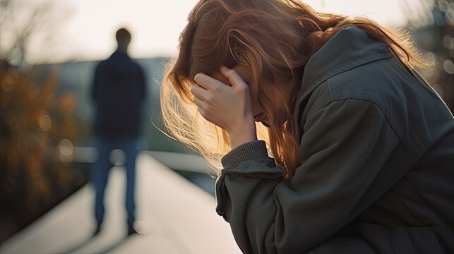 Crying woman against blurred man silhouette, quarrel of lovers outdoor dramatic scene, sadly crying woman covered her head with her arms, couple separation ending relationship concept, generative AI