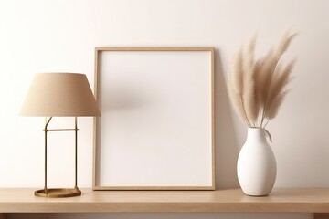 Empty frame mockup in warm neutral minimalist interior with dried pampas grass, trendy vase and brass desk lamp on wooden beige brown shelf on white wall background. Illustration, 3d rendering