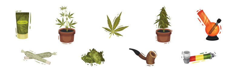 Cannabis Product with Growing Plant in Pot, Organic Cream Tube and Bong Vector Set