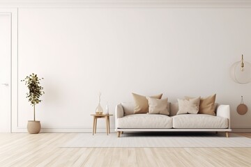 Empty wall mockup with sofa and beige pillows on empty white living room interior background. 3D rendering