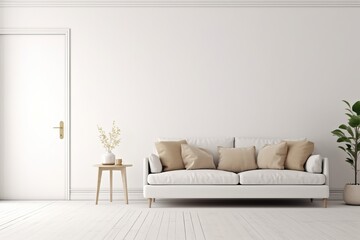 Empty wall mockup with sofa and beige pillows on empty white living room interior background. 3D rendering