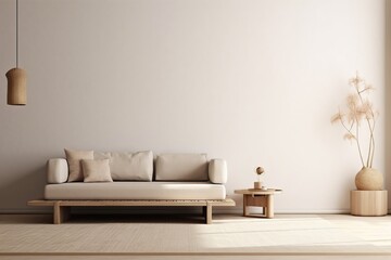 Living room interior mockup in wabi-sabi style with low sofa, jute rug and dried grass decoration on empty warm neutral wall background. 3d rendering