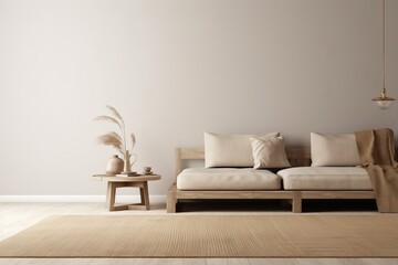 Living room interior mockup in wabi-sabi style with low sofa, jute rug and dried grass decoration on empty warm neutral wall background. 3d rendering