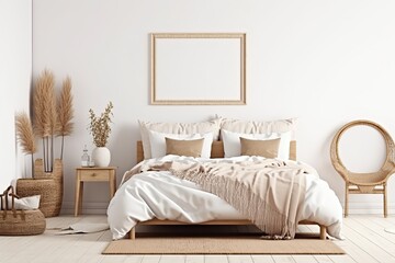 Horizontal frame mockup in boho bedroom interior with wooden bed, beige fringed blanket, cushion with tassels, dried pampas grass, basket and wicker lamp on white wall. 3d rendering