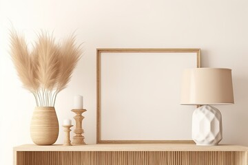 poster art mockup with beige wooden frame, dried grass in vase, wicker basket lamp on empty warm white background. Japandi interior decoration. A4, A3 format. 3d rendering, illustration