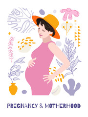 Beautiful pregnant woman. Banner or poster for websites, advertising, greeting card. Mother's day greeting. Health care, female, happy motherhood concept. Minimalism style.
