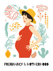 Beautiful pregnant woman. Banner or poster for websites, advertising, greeting card. Mother's day greeting. Health care, female, happy motherhood concept. Minimalism style.