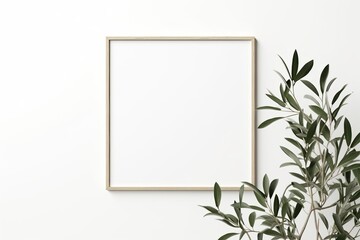 Interior poster mockup with square wooden frame on empty white wall decorated with plant branch with green leaves. 3D rendering