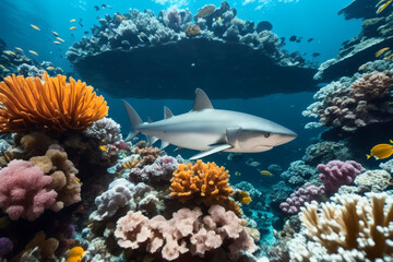 Fototapeta na wymiar Reef sharks and a flock of tropical fish in a coral reef. Life in the coral reef underwater. Wildlife concept of ecological environment. Generative AI
