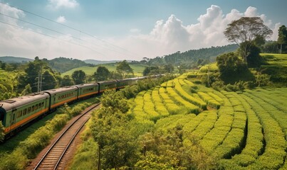 Fototapeta na wymiar a train traveling through a lush green countryside next to a lush green hillside. generative ai