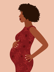 Beautiful pregnant black woman. Banner or poster for websites, advertising, greeting card. Mother's day greeting. Health care, female, happy motherhood concept. African American lady.