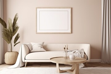 Poster art mockup with horizontal wooden frame above sofa in trendy minimalist living room in warm neutral interior. Illustration, 3d rendering