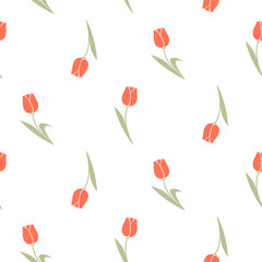 Seamless pattern of hand drawn tulips in pastel colours on isolated background. Design for mother’s day, springtime and summertime celebration, scrapbooking, textile, home decor, paper craft.