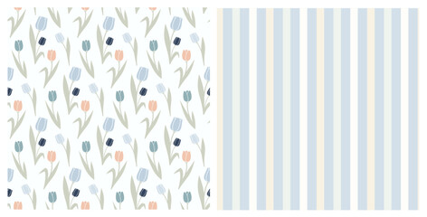 Set of seamless patterns with hand drawn tulips and stripes on isolated background. Design for mother’s day, Easter, springtime and summertime celebration, scrapbooking, home and nursery decor.