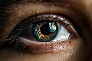 Fototapeta premium Focus on the stunning blue iris and pupil in macro view of a beautiful female eye. Close-up of the lashes with emphasis on the optical anatomy. Perfect for ophthalmology photography. AI Generative AI