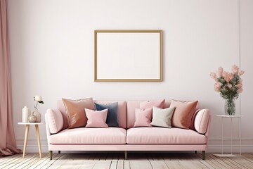 Poster mockup with frame on empty wall in living room interior with pink sofa and multi-colored pastel pillows. 3D rendering