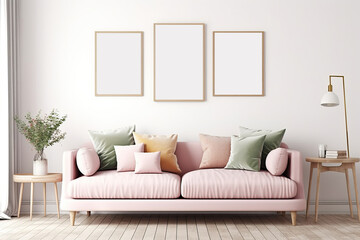 Poster mockup with frame on empty wall in living room interior with pink sofa and multi-colored pastel pillows. 3D rendering