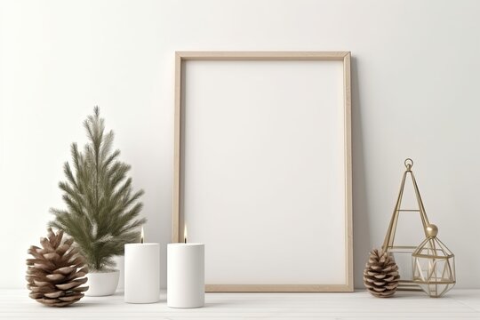 Vertical wooden frame mockup with hanging pine branch, pinecone, star, candles and gift box on rustic rough shelf. Minimal Christmas interior decoration. A4, A3 format. 3d rendering