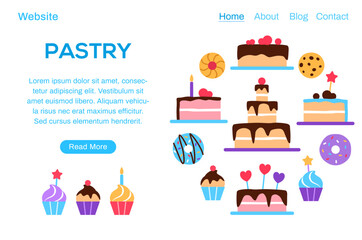 Pastry landing page template with copy space and button. Colorful baked tasty treat website design. Dessert flat elements donut cake muffin for cafe restaurant internet web page vector illustration.