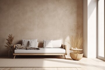Sunny interior mockup in warm neutral wabi-sabi style with low sofa, rougth coffee table and dried grass decoration on empty concrete wall background. 3d rendering