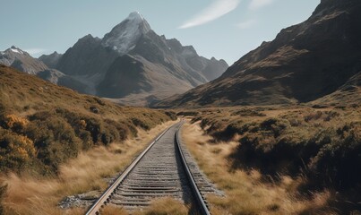  a train track in the middle of a grassy area with mountains in the background.  generative ai