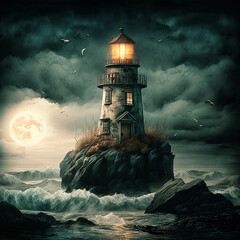 Lighthouse on an isolated rock illuminating the sea at night with a full moon made with generative AI