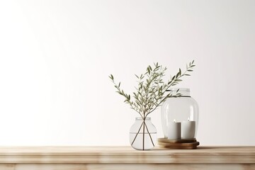 Traditional interior wall mockup with green twigs in vase and candle standing on light brown wooden table on empty white background. 3D rendering