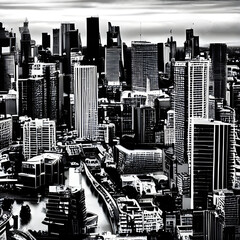 The Contrast of Light and Shadow. A Black and White Cityscape Generative AI.