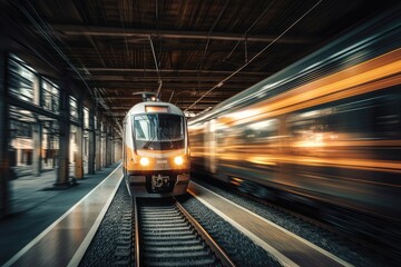 Fototapeta na wymiar Fast train moving at the station, blurred background. Generative AI