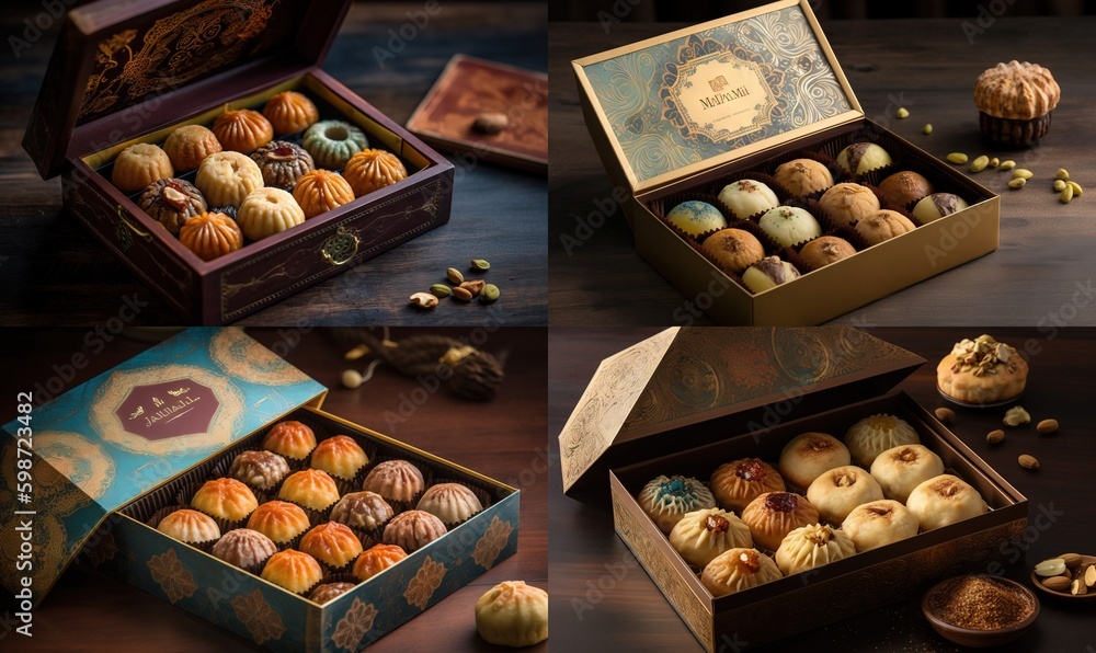 Poster a box of assorted cookies sitting on a table next to a box of cookies. generative ai