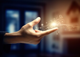 The magic hand, touching concept. Generative ai. Hand touching on holographic. 