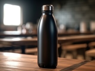 Water bottle mockup on the table of caffeteria. Coffe, watter, generative ai, mockup.