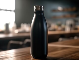 Water bottle mockup on the table of caffeteria. Coffe, watter, generative ai, mockup.