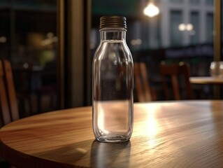Water bottle mockup on the table of caffeteria. Coffe, watter, generative ai, mockup.