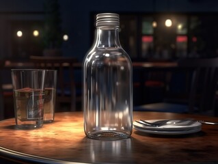 Water bottle mockup on the table of caffeteria. Coffe, watter, generative ai, mockup.
