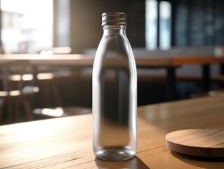 Water bottle mockup on the table of caffeteria. Coffe, watter, generative ai, mockup.