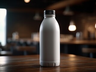 Water bottle mockup on the table of caffeteria. Coffe, watter, generative ai, mockup.