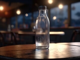 Water bottle mockup on the table of caffeteria. Coffe, watter, generative ai, mockup.
