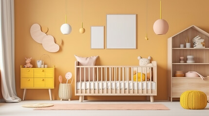 Mock up frame in children room with natural wooden furniture. Generative Ai