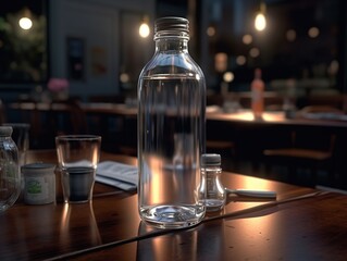 Water bottle mockup on the table of caffeteria. Coffe, watter, generative ai, mockup.