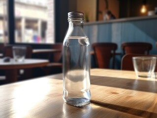 Water bottle mockup on the table of caffeteria. Coffe, watter, generative ai, mockup.