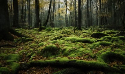 Fototapeta premium a moss covered forest with lots of trees in the background. generative ai