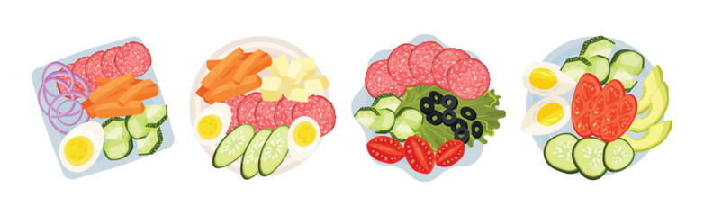 Sliced and Cut Vegetables and Wurst Served on Plate Above View Vector Set