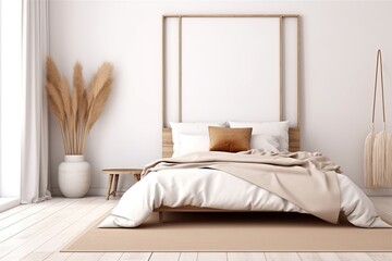 Bedroom interior mockup in boho style with fringed blanket, cushion with tassels, linen bedding, dried pampas grass, basket lamp and curtain on empty beige background. 3d rendering,