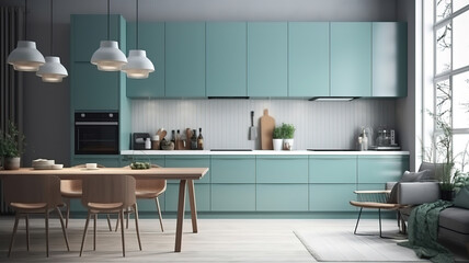 Scandinavian kitchen interior, wall mock up, 3d render, Bright color. Generative Ai