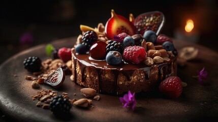 chocolate cake with fruits on top