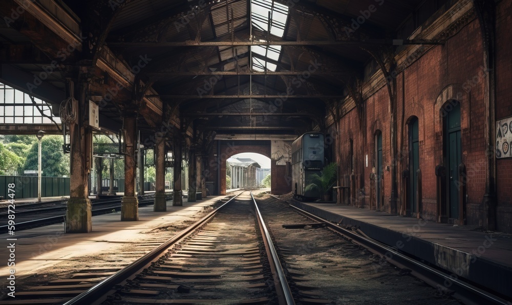 Poster a train station with a train on the tracks and a skylight. generative ai