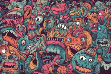 Fototapeta premium illustration, many monsters of multiple colors, generative ai