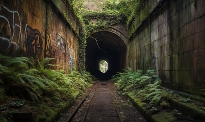  a tunnel with graffiti on the walls and green plants growing on the walls.  generative ai