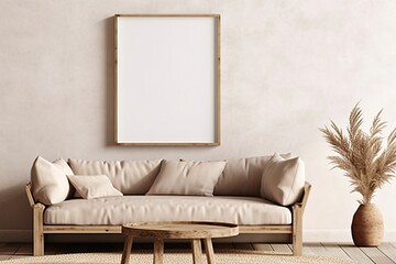 Wooden frame mockup with low sofa, rustic coffee table and dried grass in warm neutral wabi-sabi interior on concrete wall background. 3d rendering, illustration